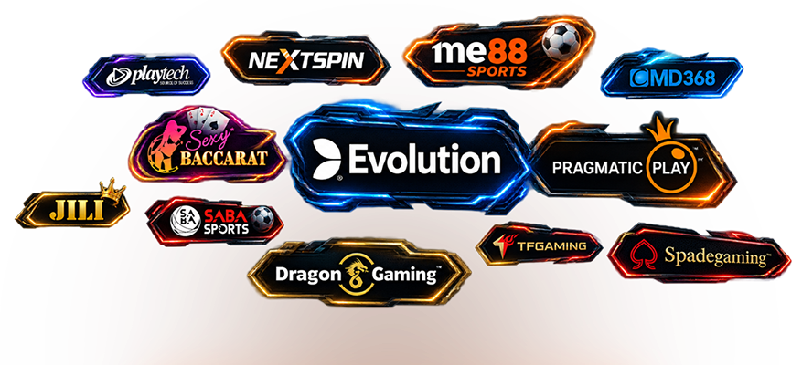 Game providers including Playtech, NextSpin, me88 Sports, Evolution, Pragmatic Play, JILI, and Spadegaming